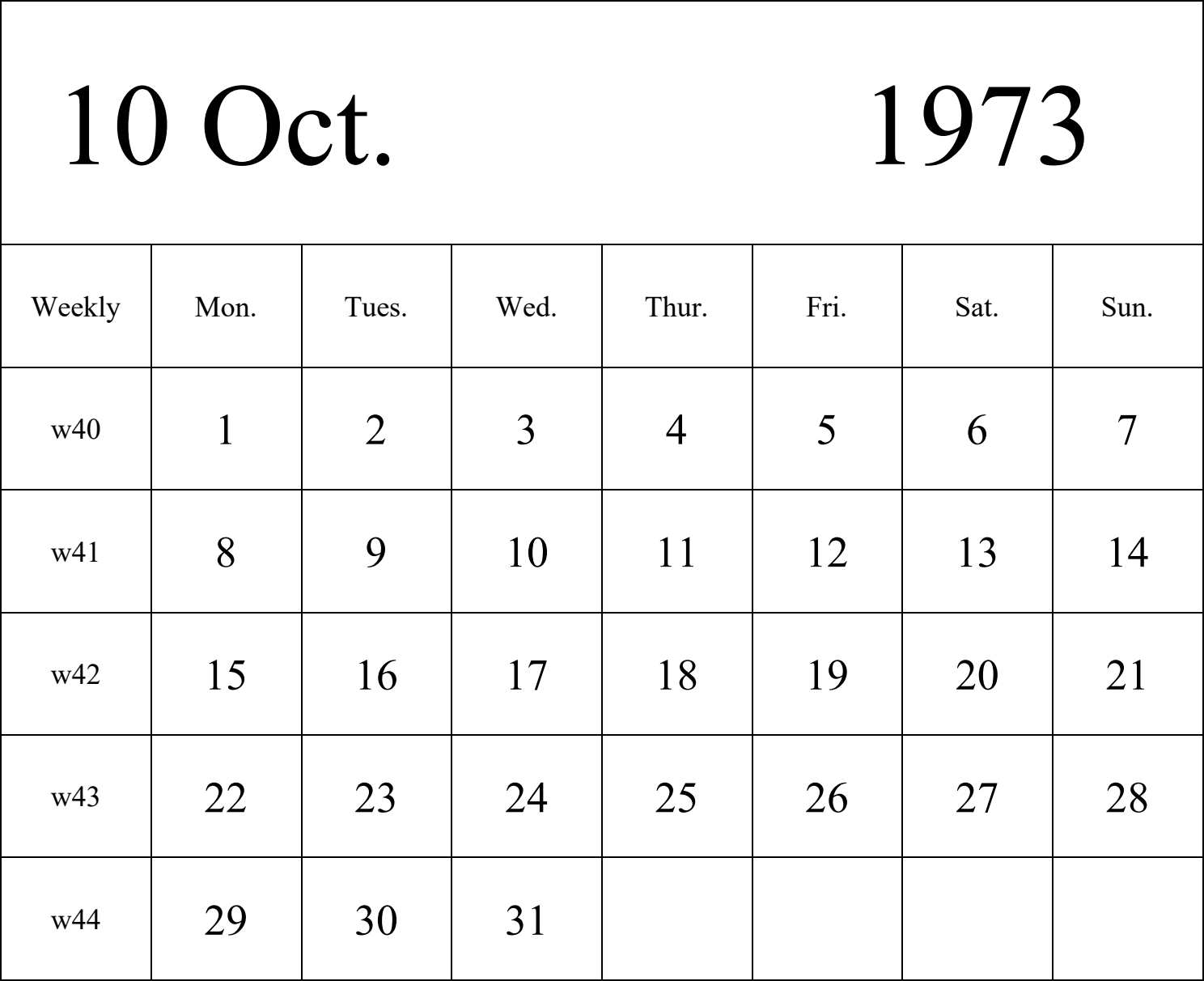 日历表1973年日历 英文版 纵向排版 周一开始 带周数